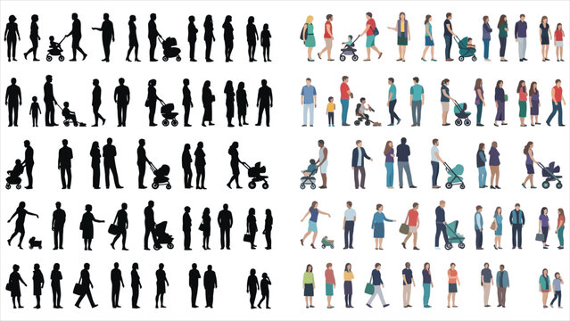 Large collection of people silhouettes and flat vector characters including families, children, and strollers