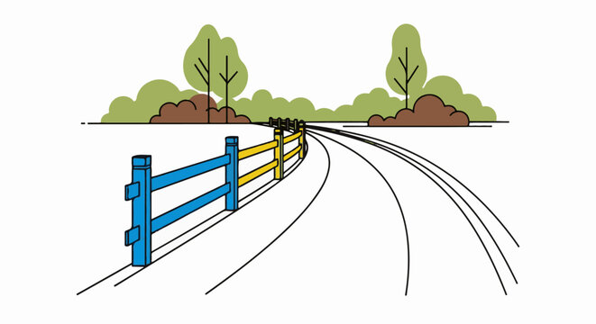 Simple illustration of a split rail fence alongside railway tracks