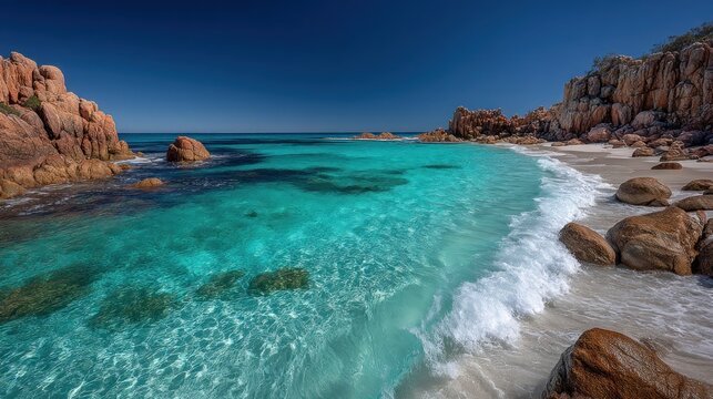 Turquoise Ocean Water Lapping White Sand Beach Between Red Rocky Cliffs