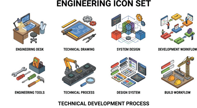 Engineering and technical development icon set with system design, workflow and industrial process symbols