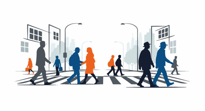 Silhouetted pedestrians cross a city street at a zebra crossing with buildings
