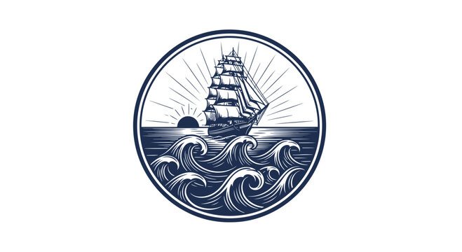 Vintage Sailing Ship on Wavy Ocean at Sunrise, Circular Emblem