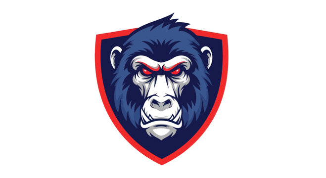 Aggressive Gorilla Head Emblem on Shield, Fierce Animal Mascot, Dark Blue and Red