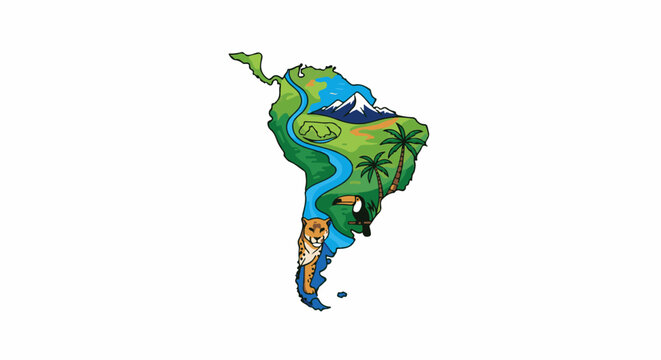 South America map filled with diverse landscapes, river, and animals
