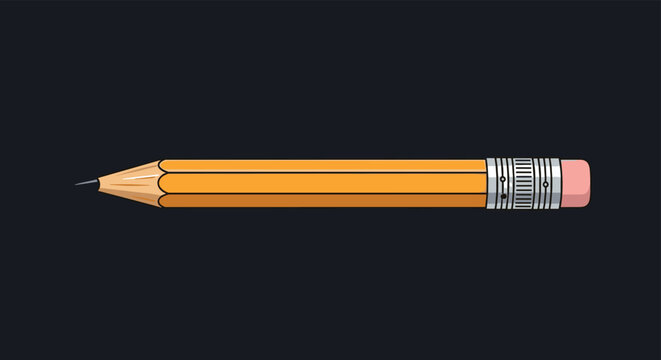 Horizontal illustration of a classic yellow wooden pencil with a pink eraser and a sharpened lead tip against a dark gray background.