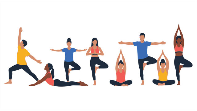 Diverse group of people practicing yoga poses including tree pose, cobra, and warrior stretching
