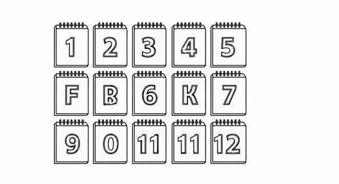 Spiral bound pages show numbers 1-7 and letters F, B, K, and numbers 9-12
