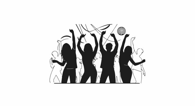 Silhouettes of diverse people dancing energetically with a disco ball above them