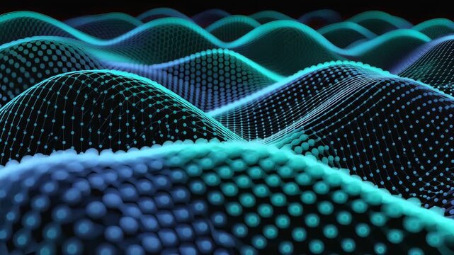 Abstract glowing blue digital network landscape with interconnected dots and lines forming undulating hills
