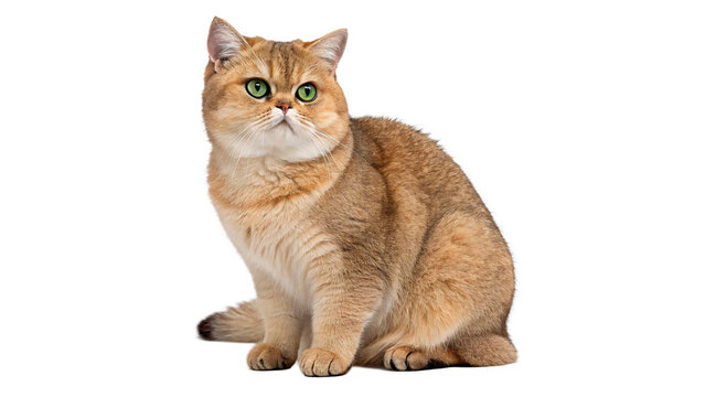 Ginger British shorthair cat sitting and looking ahead isolated on transparent background  