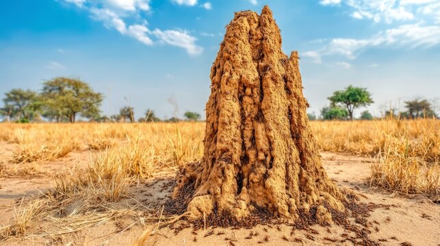 Termite Mound Rising Prominently in Open Savanna Terrain under Blue Sky
