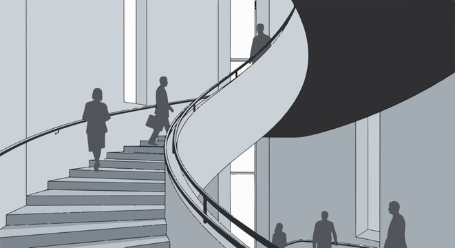 Silhouettes of people ascend and descend a modern spiral staircase in grayscale