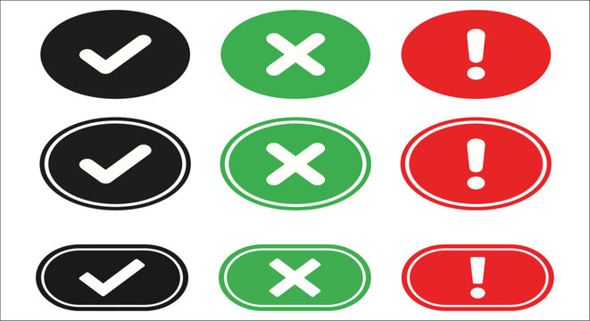 check mark x mark and exclamation point icons in black green and red