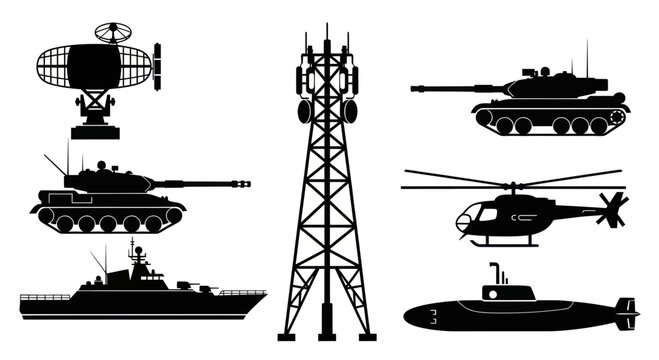Military and Communication Technology Icons: Tank, Helicopter, Ship, Radar, Submarine, Tower