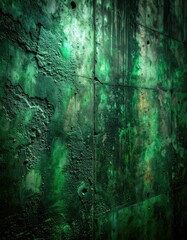 Fototapeta premium A close-up view reveals a textured, aged wall with a striking green and gray color palette, showcasing a weathered and industrial aesthetic.