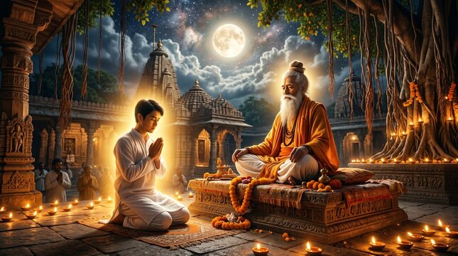 A young disciple bows in reverence to a meditating guru under a full moon, with oil lamps and ancient temple ruins creating a sacred ambiance for Guru ... See More