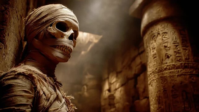 A cinematic shot of a wrapped mummy skeleton in a mysterious ancient tomb, perfect for horror and historical storytelling.