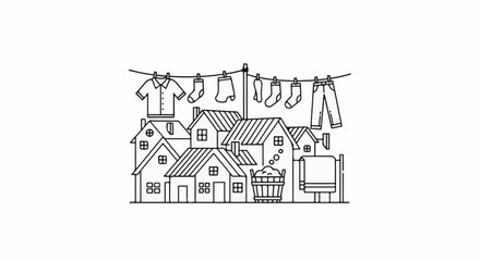 Fototapeta premium Simple line drawing of houses with laundry hanging on a line above