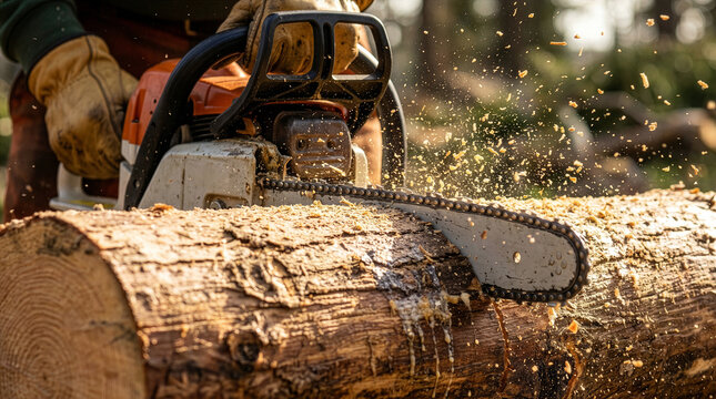 Close up of a chainsaw blade cutting a wood log with flying sawdust and gloved hands.