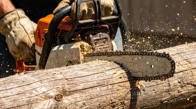 Close up of a chainsaw blade cutting a wood log with flying sawdust and gloved hands.