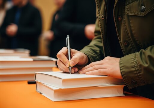 Person signs their name on a book during a public event.