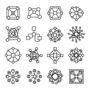 Abstract Network Connections, Geometric Shapes, Technology Icons, Digital Data Flow