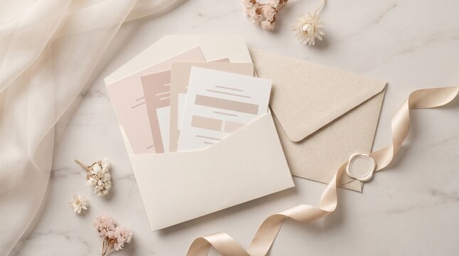 Pocket wedding invitation suite flatlay in blush and ivory tones