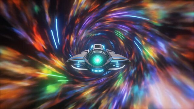 Futuristic Spaceship Travel Through Colorful Wormhole