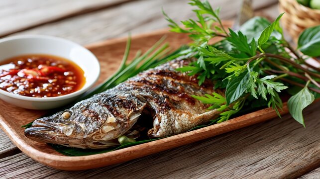 Thai pla pao, grilled fish with herbs