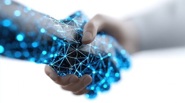 Hands forming a handshake, one appearing as a data network and circuit board, representing and tech integration partnership
