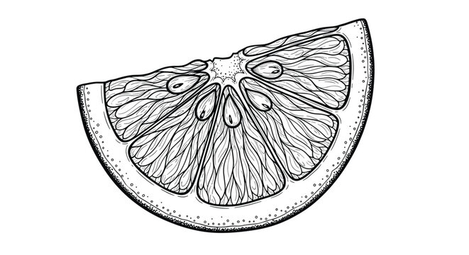 Detailed black and white engraving style illustration captures the intricate pulp and seeds of a citrus fruit slice.