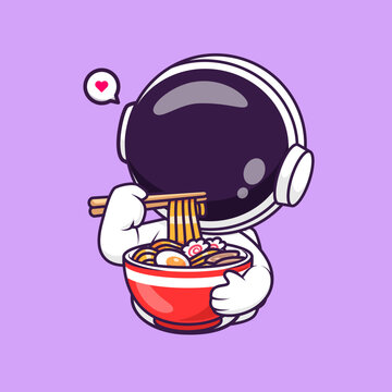 Cute Astronaut Eating Ramen Noodle Cartoon