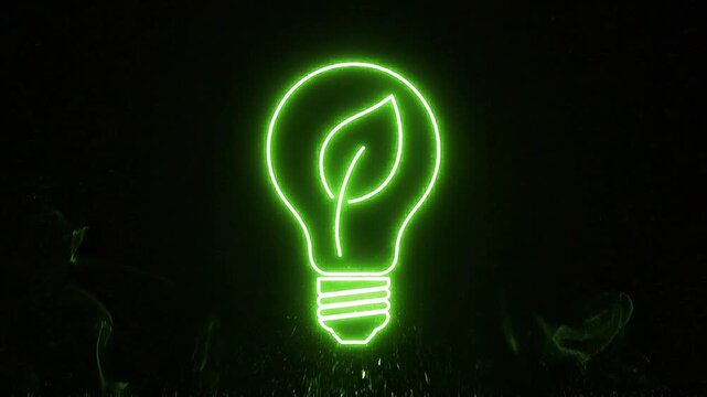 Exploding neon energy lines forming a light bulb with leaf symbol, dynamic outward burst then stabilizing into a steady glow, dramatic camera zoom-out, black void background, high contrast neon green