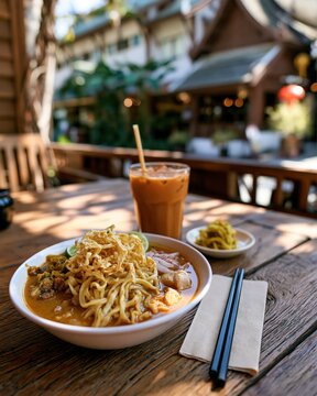 Thai khao soi, northern Thai curry noodle soup, thai food on the table