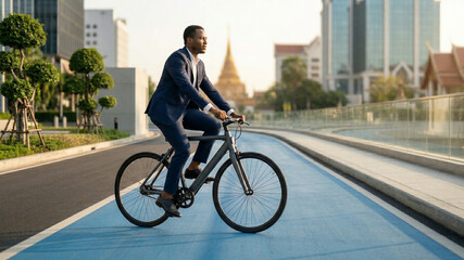 Fototapeta premium Professional African American Businessman Riding Bicycle to Work on City Bike Path
