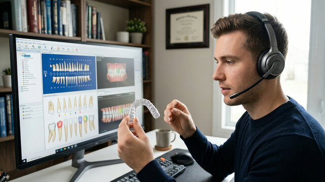 Male Dental Professional Examining Clear Aligner During Remote Consultation