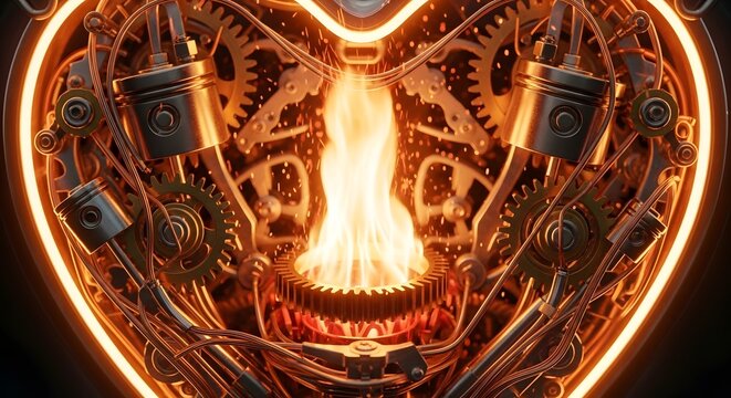 Intricate steampunk heart a glowing mechanical core within a complex network of gears and pipes