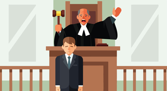 A frustrated judge holding a gavel shouts at a sad, defeated man in a courtroom
