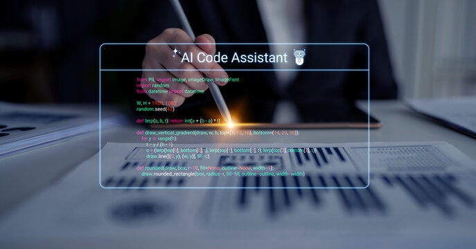A digital workspace showcases a modern AI code assistant aiding in programming tasks, with charts and codes presented on a tablet, symbolizing innovation and productivity in technology. Cyphers