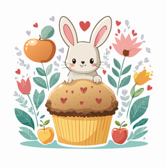 Obraz premium Cute Bunny on Cupcake with Flowers and Apples