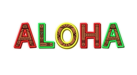 Aloha Word Art with Tribal Patterns and Neon Outline © Andri