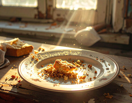 Crumbs and cake on a dirty plate in sunlight