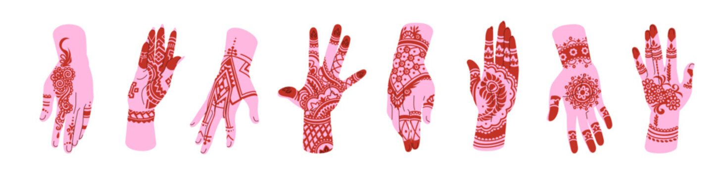 Traditional Indian henna tattoos on hands set. Female palms with Hindu mehendi. Red mehndi with abstract ornaments, elements and patterns. Flat isolated vector illustrations on white background