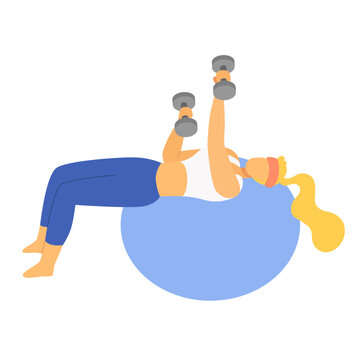 Woman laying on a yoga ball with dumb-bell
