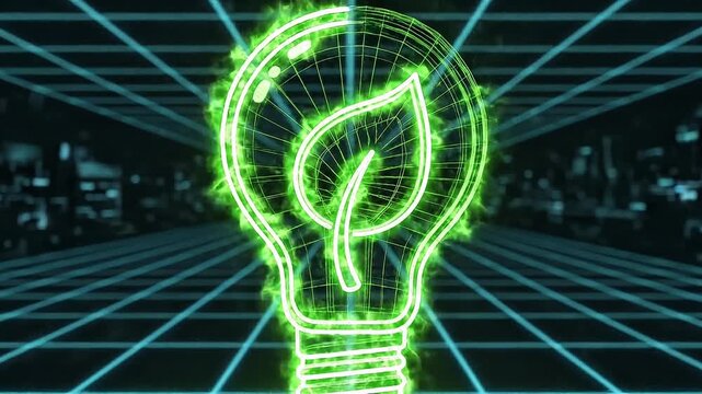 Wireframe neon light bulb with leaf icon, transforming into solid glowing lines, transition animation from blueprint to final icon, camera dolly forward, dark tech background with subtle grid