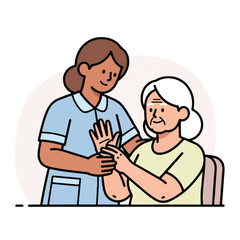 Obraz premium A nurse in blue uniform gently holds and examines the hand of an elderly woman