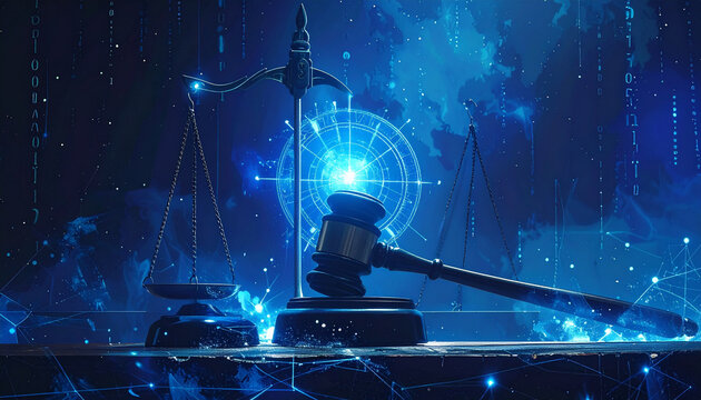 Digital law scales and gavel in cosmic digital background