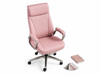 Fototapeta premium Pink luxury office armchair on a brushed nickel metal five star base with caster wheels featuring a high back silhouette and quilted upholstery arranged in a clean flat lay inspired product