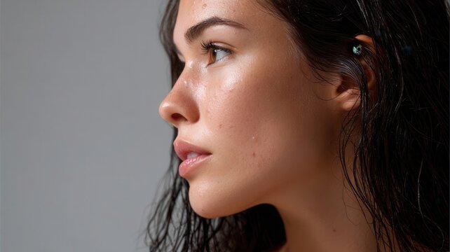 Young woman with natural fresh skin and wet dark hair looking up, and concept beauty wellness