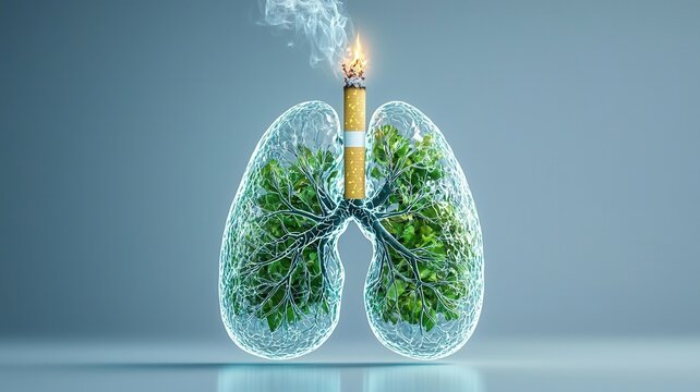 Burning cigarette damaging human lungs, illustrating serious health risks and respiratory from illness smoking addiction